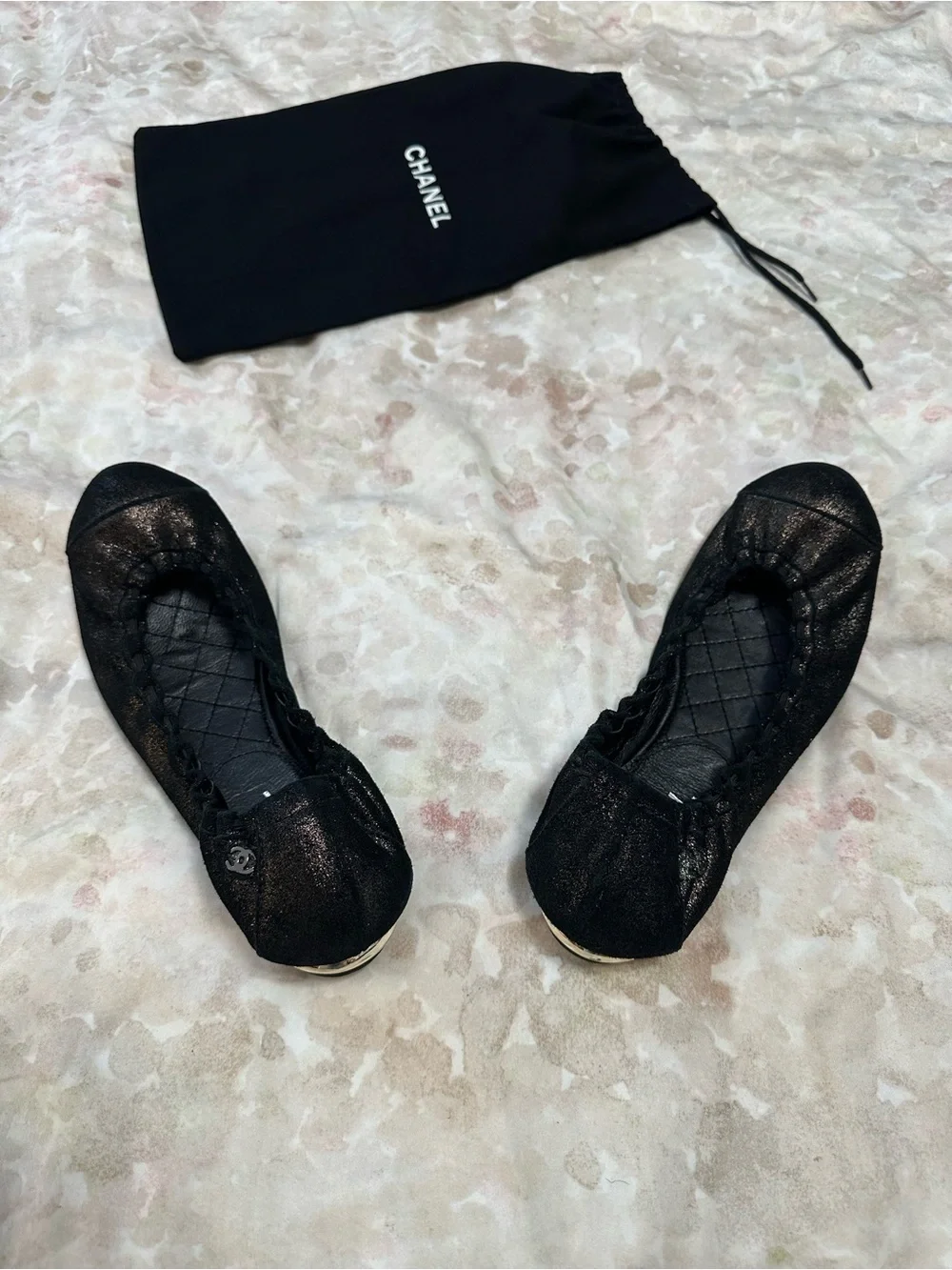 CHANEL Black Quilted Leather Slip-On Ballet Flats with Branded Dust Bag